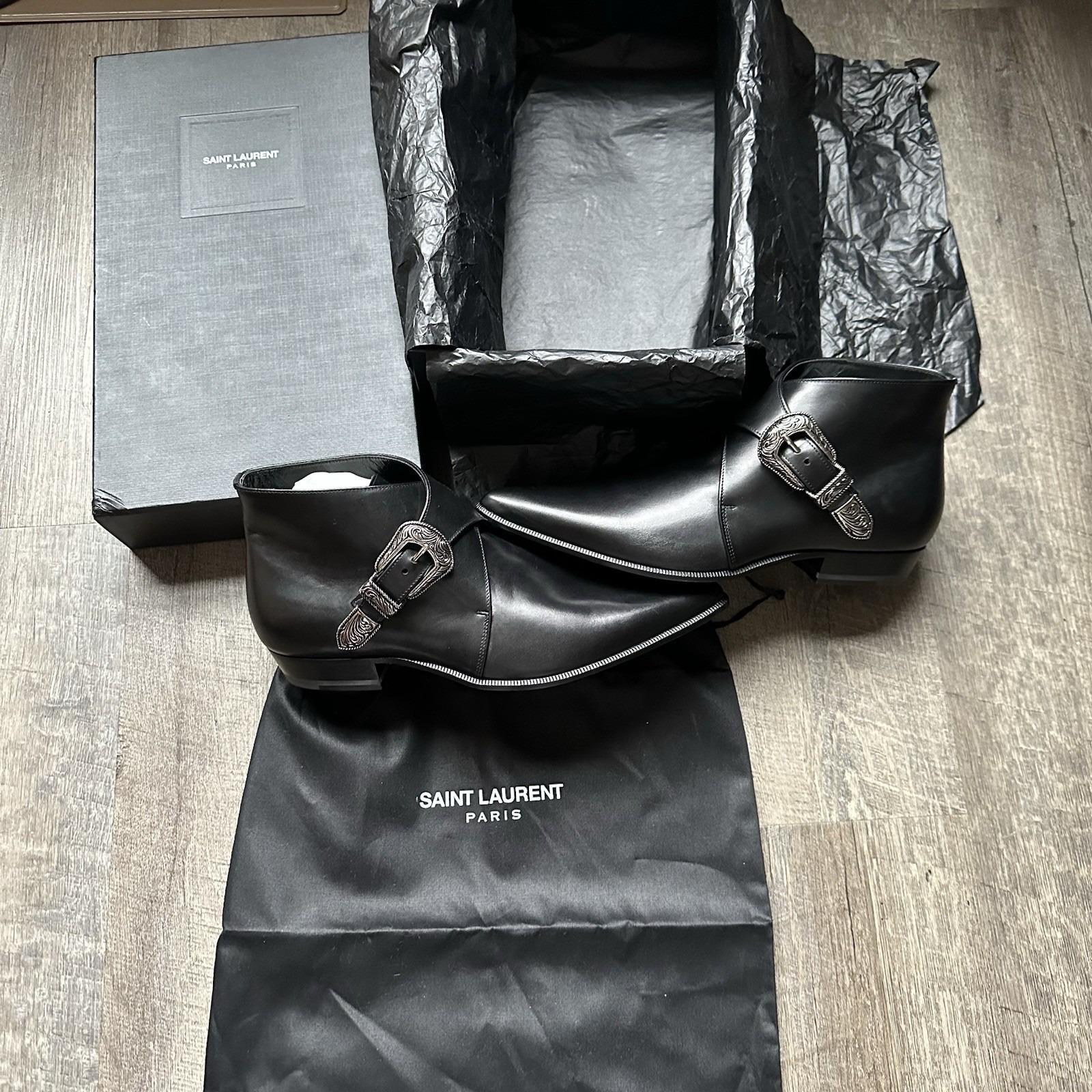 Ysl Saint Laurent Western Buckle Duckies Short Boots Black Leather Mens 41.5 8.5